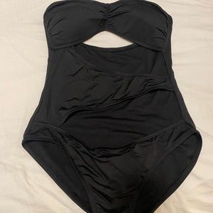 Black cut out one piece strapless swimsuit